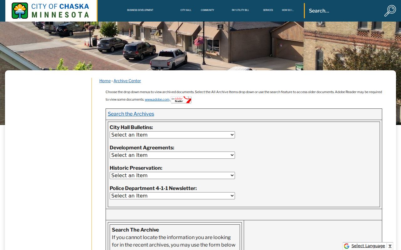 Chaska neighbors research reference showing the City Archive search interface